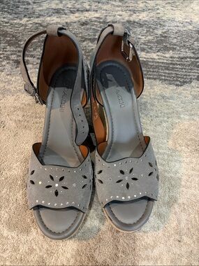 Coach Grayish Blue Suede Laser-Cut Ankle Strap Heels